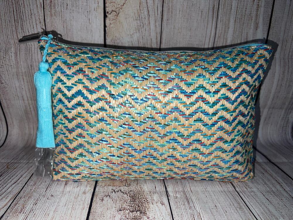 Lancome Paris Makeup Blue Beige Woven Straw Large Straw Cosmetic Bag Zipper